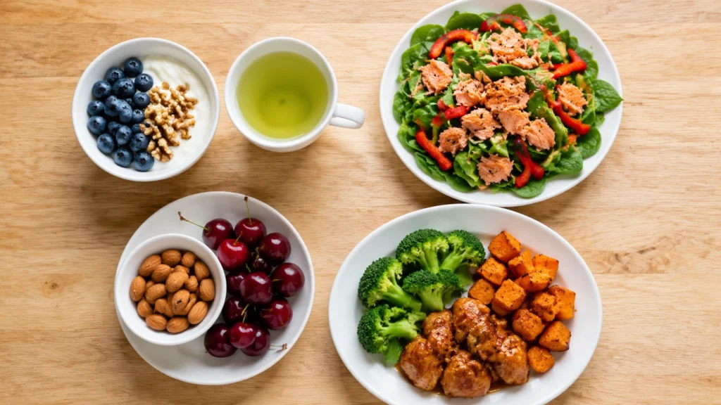 Four anti-inflammatory meals showing yogurt with berries and walnuts, salmon spinach salad, almonds with cherries, and braised chicken with broccoli place under "A Day of Anti-Inflammatory Eating"