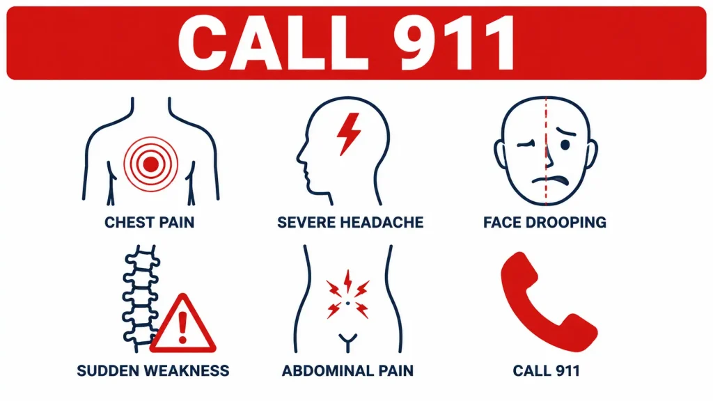 Icons showing emergency pain symptoms requiring a 911 call including chest pain, sudden severe headache and face drooping