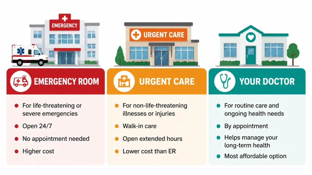Comparison of when to go to the emergency room, urgent care or your regular doctor for pain