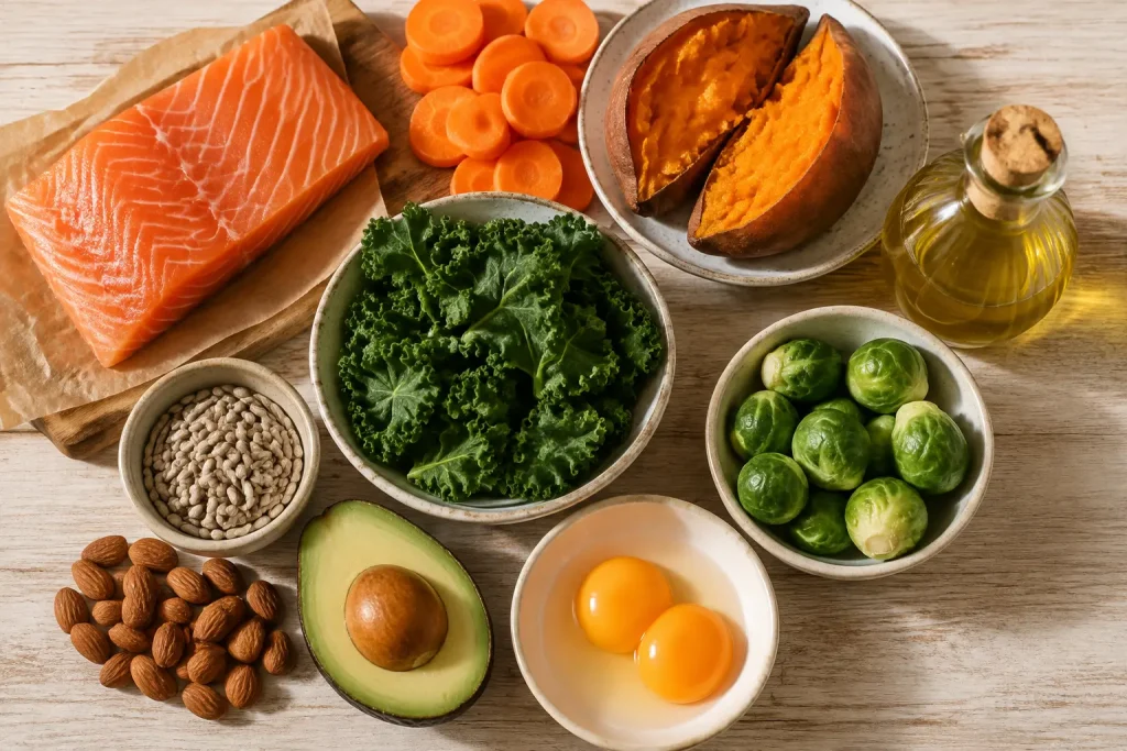 Salmon, carrots, sweet potato, kale, avocado, almonds and olive oil as sources of fat soluble vitamins A, D, E and K