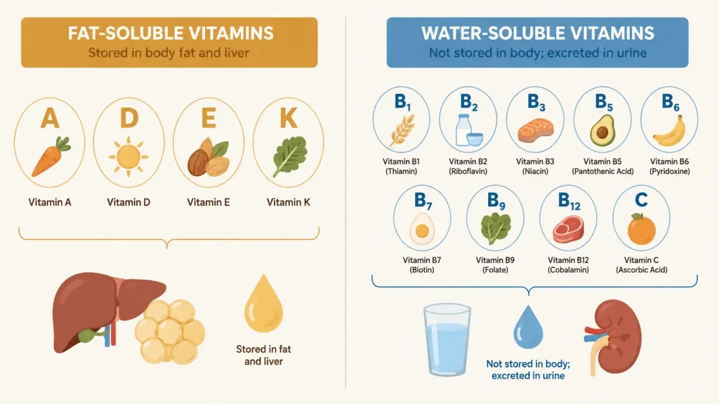 	Diagram comparing fat soluble vitamins A, D, E and K stored in the body with water soluble B vitamins and vitamin C