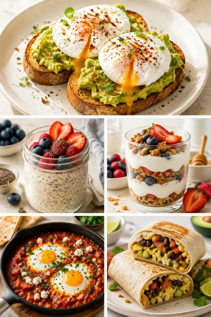 Collage of avocado toast with poached eggs, overnight oats, yogurt parfait, shakshuka and a breakfast burrito