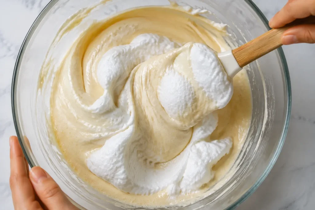 Spatula folding whipped egg whites into keto waffle batter with white streaks still visible