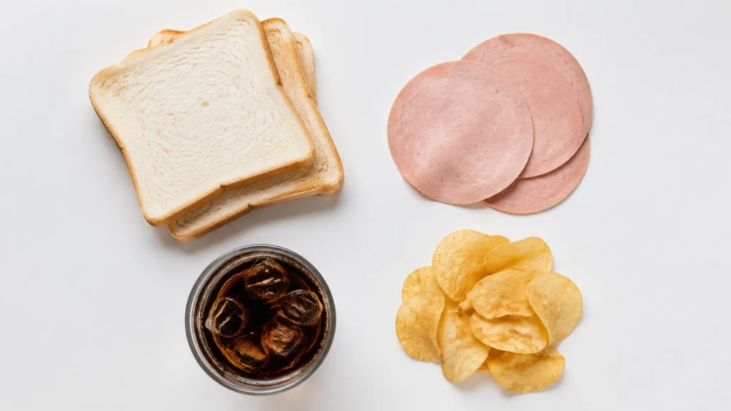 White bread, processed deli meat, cola and fried chips shown plainly as foods linked with higher inflammation place under "Foods That Increase Inflammation"