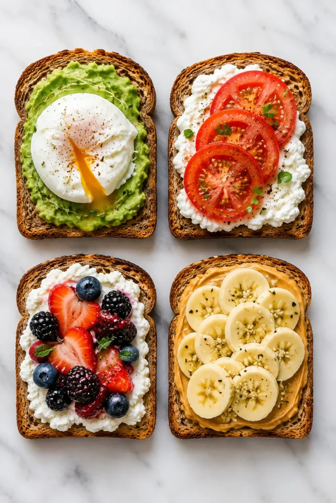 Four slices of whole grain toast topped with avocado and egg, cottage cheese and tomato, ricotta and berries, and peanut butter with banana