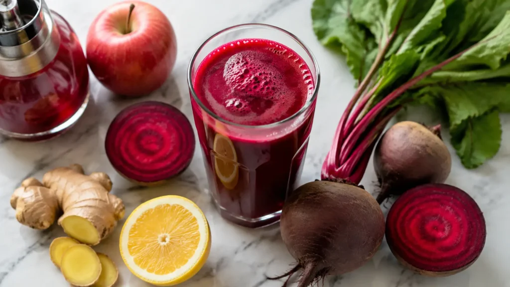 Glass of fresh beetroot juice surrounded by whole and halved beets with greens attached, apple, ginger and lemon