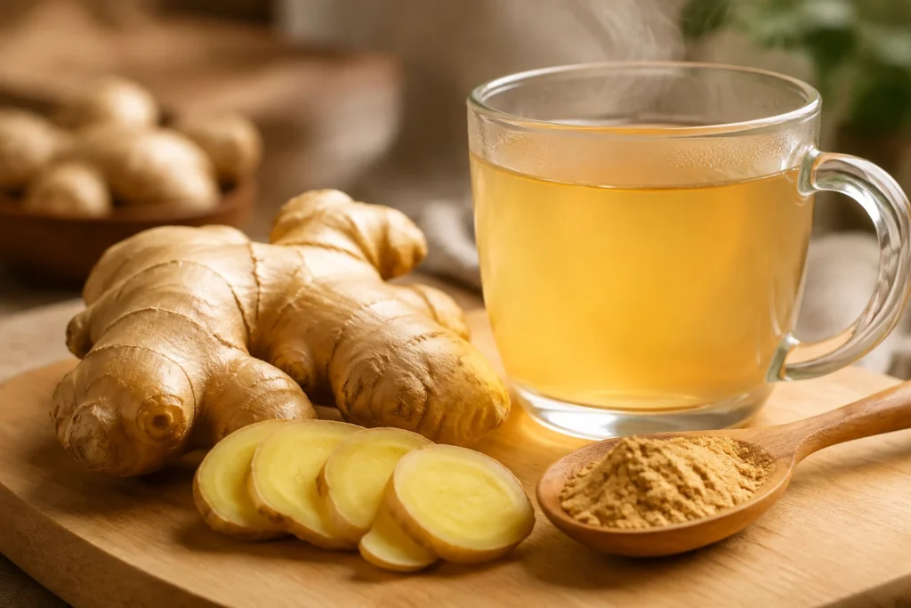 Fresh ginger root sliced on a wooden board beside a mug of ginger tea and ground ginger powder