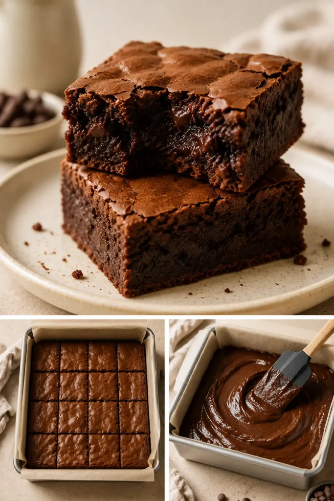Collage showing stacked fudgy keto brownies, a full pan cut into squares and chocolate batter being spread into a lined pan