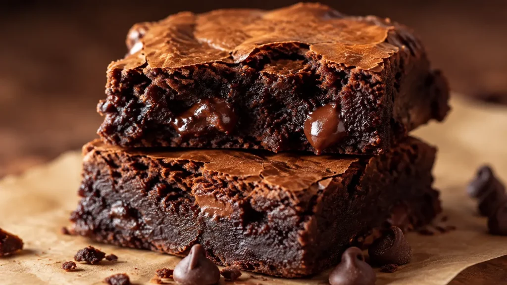Stack of two fudgy keto brownies with the top one broken open showing a dense moist interior and melted chocolate chips