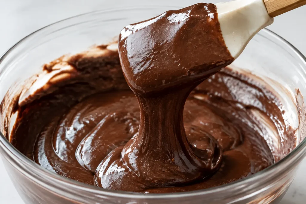 Spatula lifting thick glossy chocolate brownie batter in a slow ribbon from a mixing bowl place under the instructions
