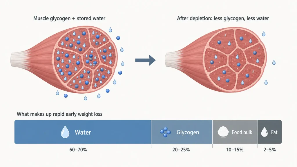 Diagram showing how glycogen stores hold water and how rapid early weight loss is mostly water rather than fat