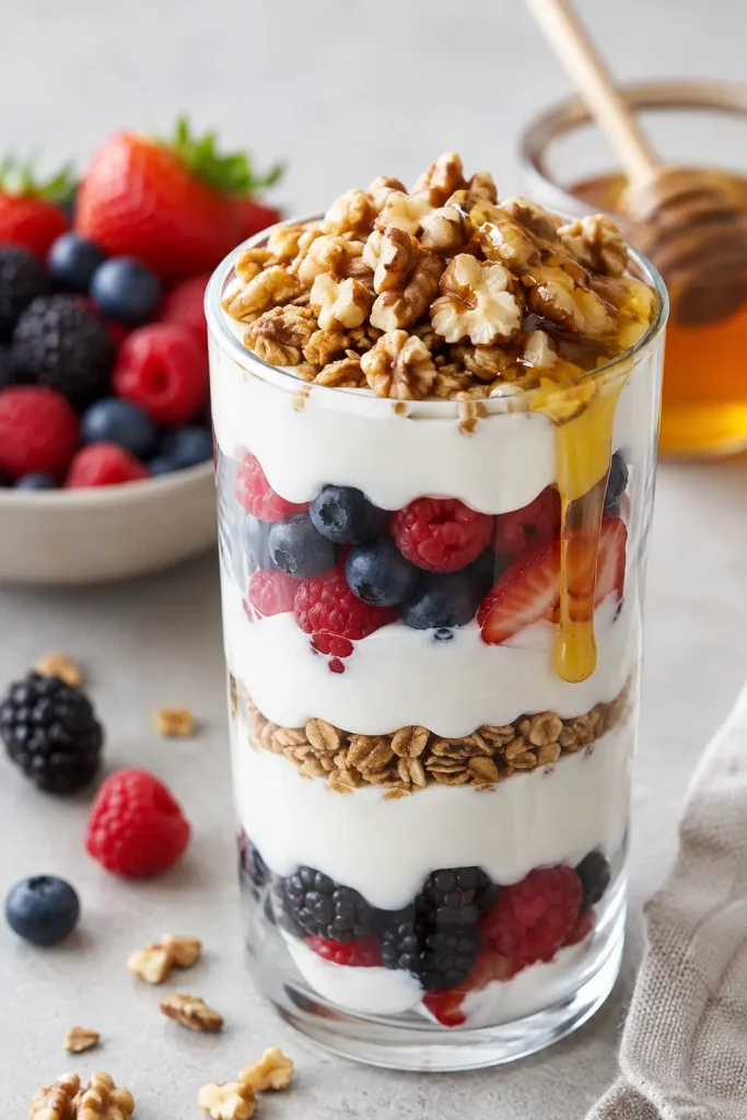 Layered Greek yogurt and berry parfait in a tall glass topped with granola and walnuts
