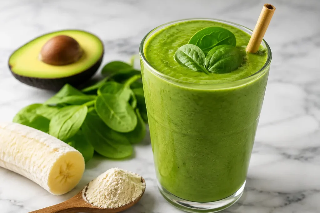 Bright green avocado and spinach protein smoothie in a tall glass with a bamboo straw beside fresh spinach and a halved avocado