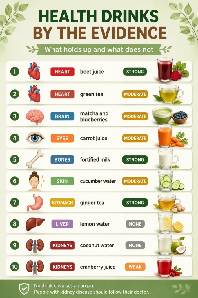 	Chart rating ten popular health drinks by evidence strength, with beet juice and ginger tea strongest and lemon water for liver rated none