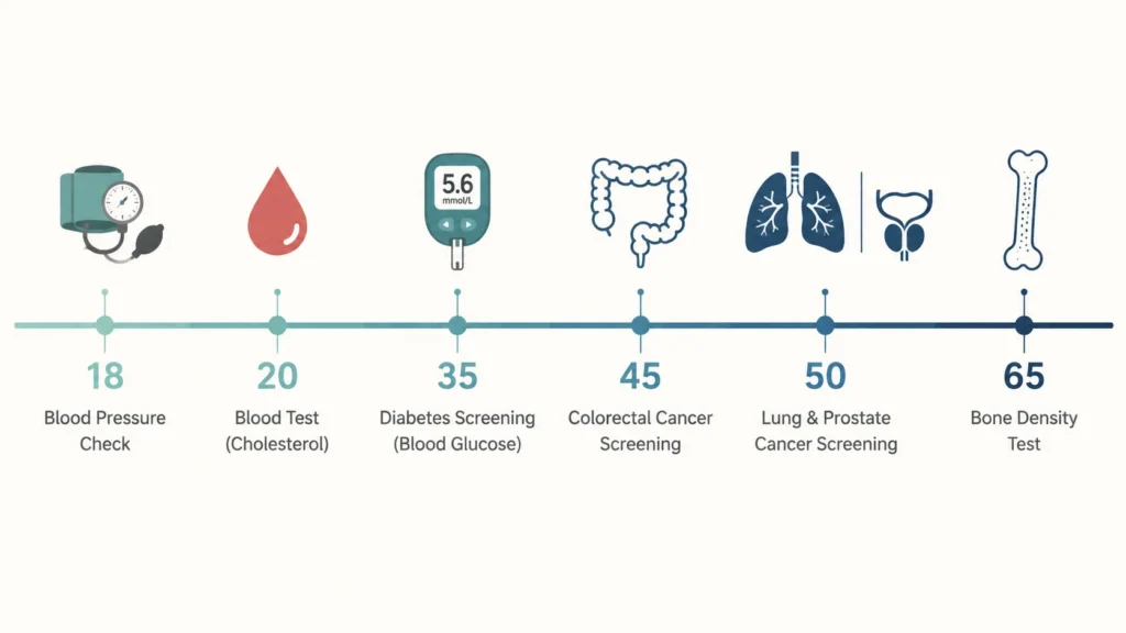 Timeline showing when health screenings start by age from blood pressure at 18 through colorectal screening at 45 and osteoporosis at 65