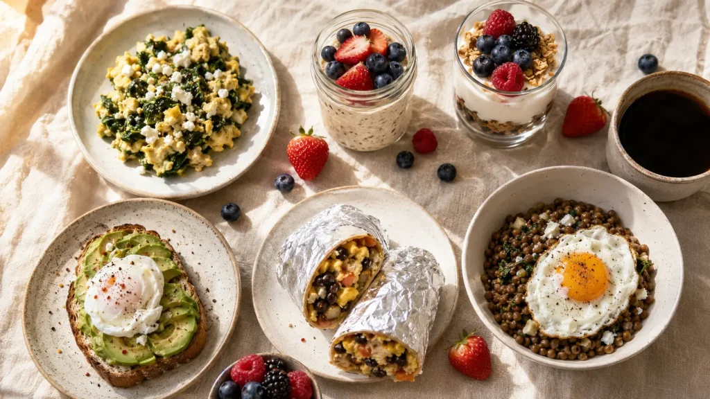 Six filling breakfasts including a spinach feta scramble, overnight oats, yogurt parfait, avocado toast, breakfast burrito and lentil bowl