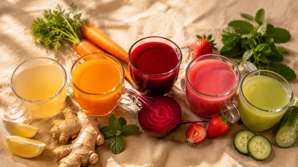Five glass mugs of colorful morning drinks with fresh lemon, ginger, carrots, beetroot and cucumber arranged around them