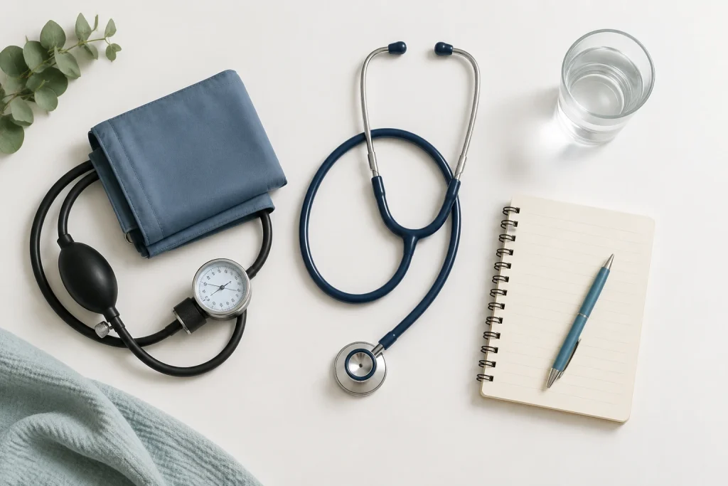 Blood pressure cuff, stethoscope and notebook arranged on a white surface representing routine heart screening