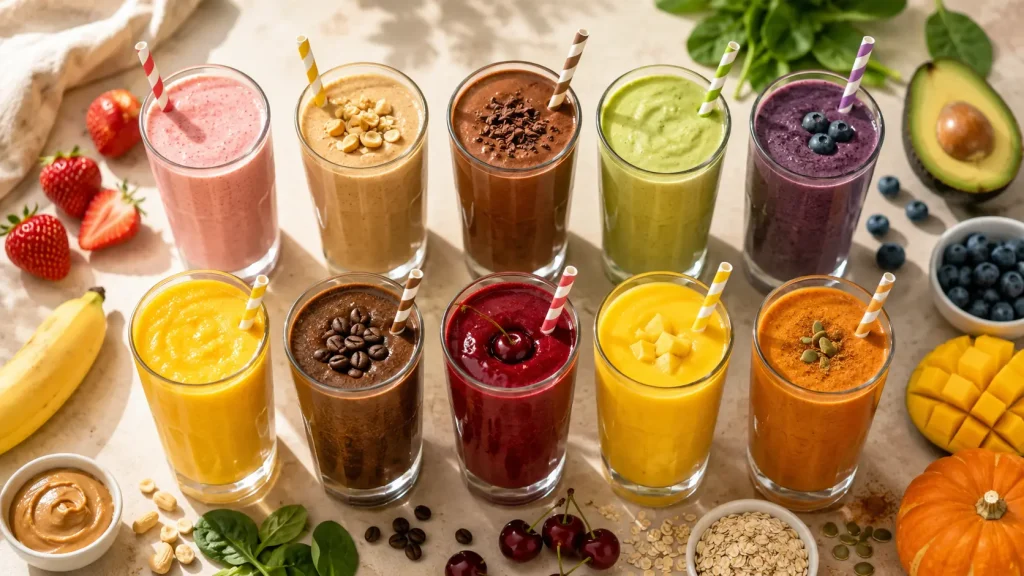Ten colorful high protein smoothies in tall glasses arranged in rows with fresh fruit and oats scattered around them