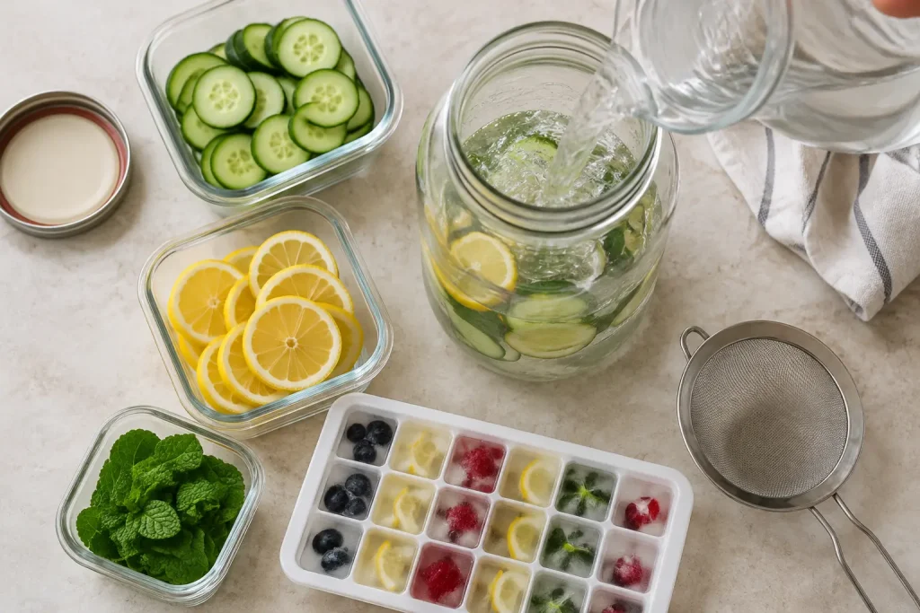 Wide mouth jar, containers of pre sliced cucumber and lemon, and an ice cube tray with frozen fruit for infused water prep place under "How to Make It Practical" or "What to Make It In"