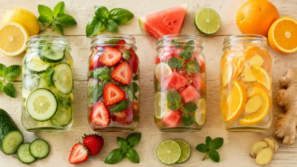 Four glass jars of infused water with cucumber lemon mint, strawberry basil, watermelon lime and orange ginger