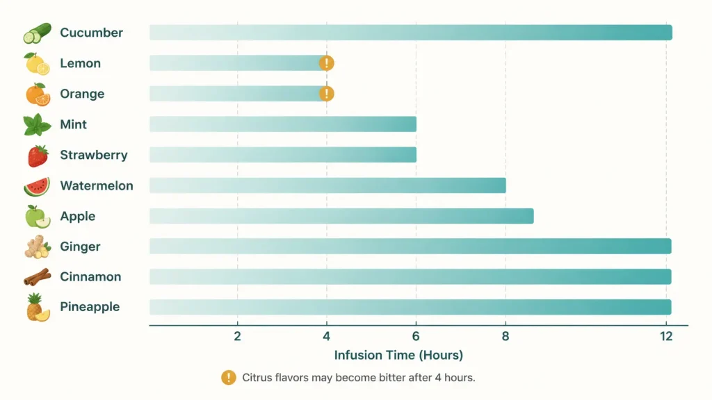 Chart showing infusion times for ten ingredients from citrus at two to four hours through cinnamon at twelve hours