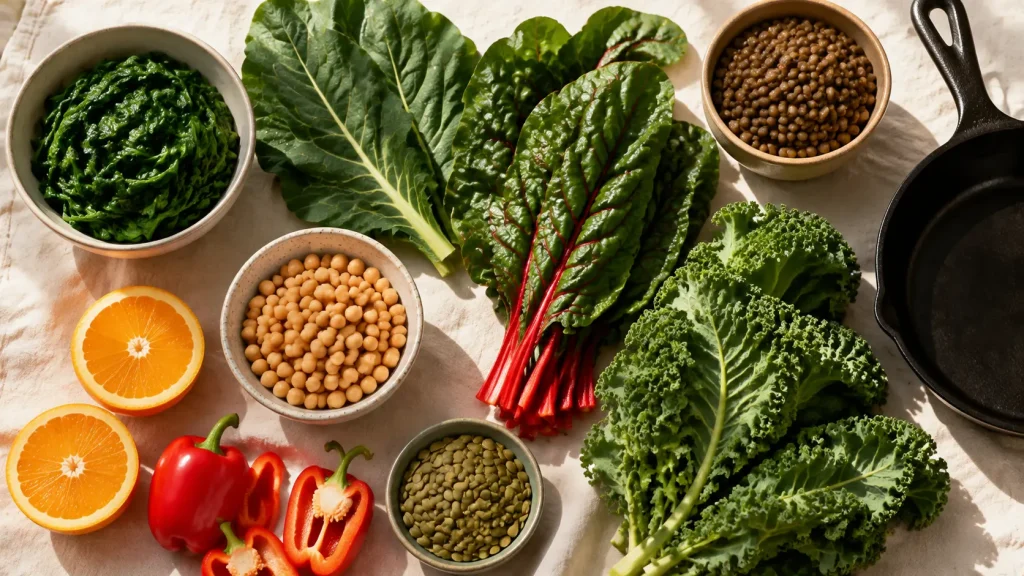 Spread of spinach, collard greens, Swiss chard, kale, lentils and pumpkin seeds alongside oranges and bell peppers