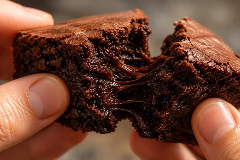 Close up of a keto brownie pulled apart showing a dense moist fudgy interior rather than a dry crumb