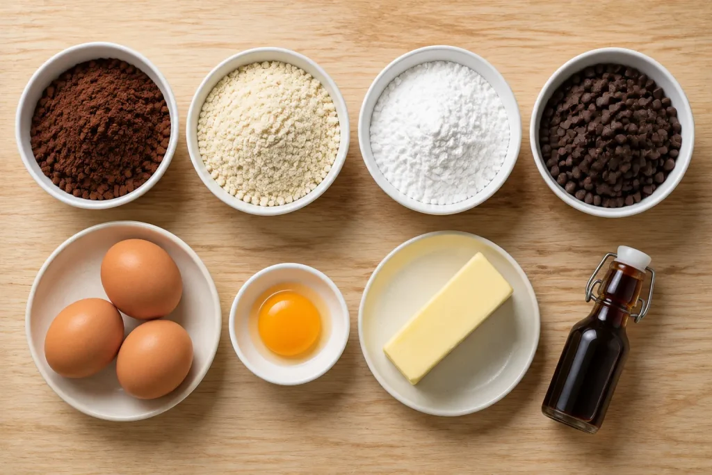Keto brownie ingredients including cocoa powder, almond flour, powdered sweetener, sugar free chocolate chips, eggs and butter