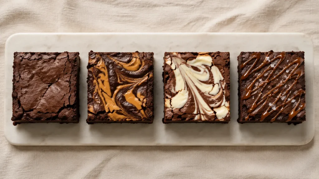 Four keto brownie variations including plain, peanut butter swirl, cream cheese swirl and salted caramel