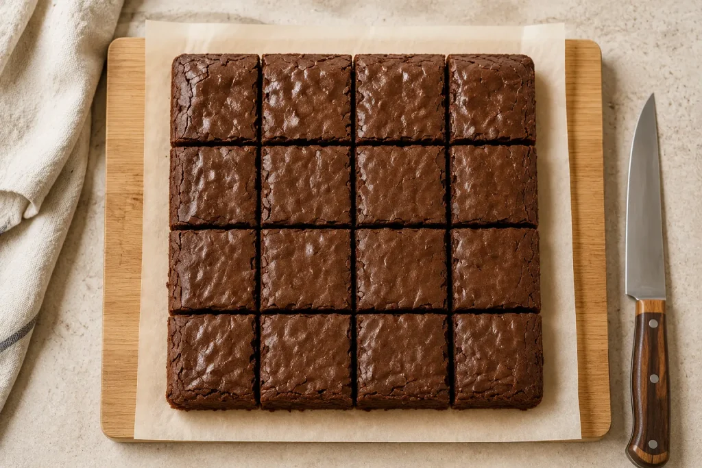 lab of cooled keto brownies cut into sixteen neat squares on a wooden board