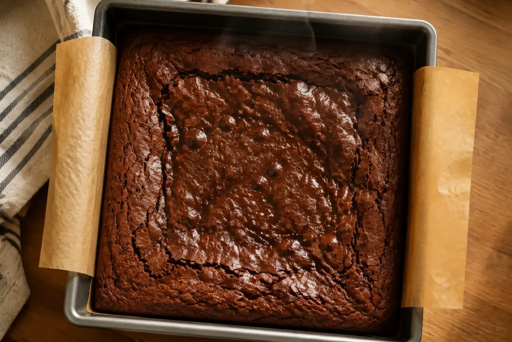 Pan of keto brownies just out of the oven with set edges and a soft slightly underdone center place under "How to Make Them"