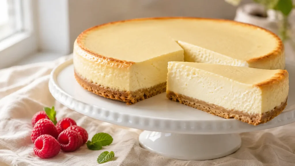 Whole keto cheesecake on a white cake stand with one slice pulled forward showing the creamy filling and almond flour crust