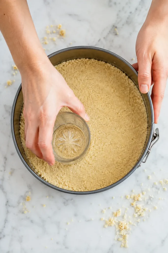 Hands pressing almond flour crust into a springform pan using a flat glass