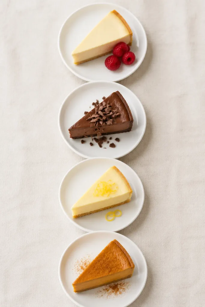 Four keto cheesecake variations including vanilla with raspberries, chocolate, lemon and pumpkin spice place under "Four Variations