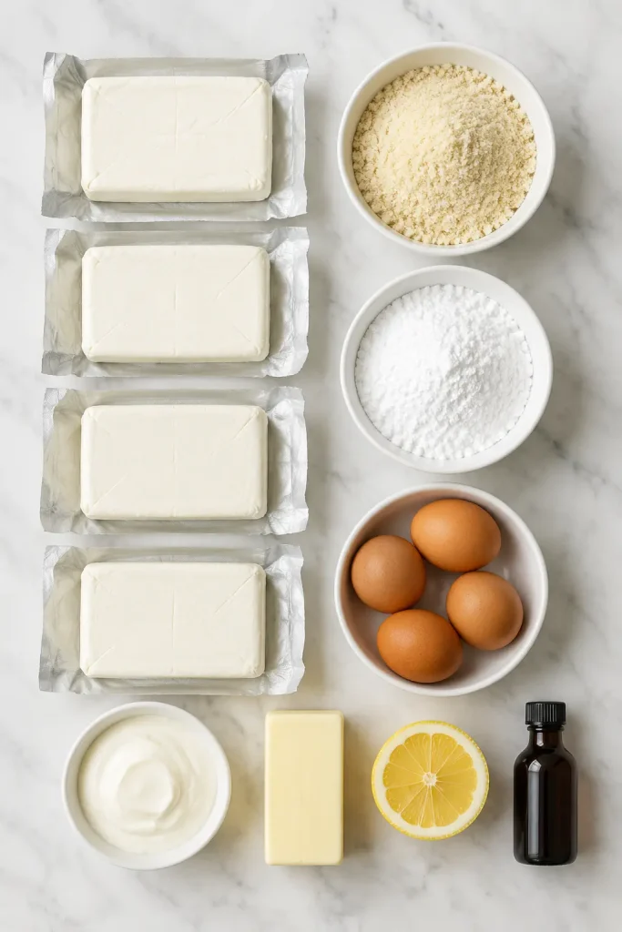 Keto cheesecake ingredients including cream cheese blocks, almond flour, powdered sweetener, eggs, sour cream, butter and lemon