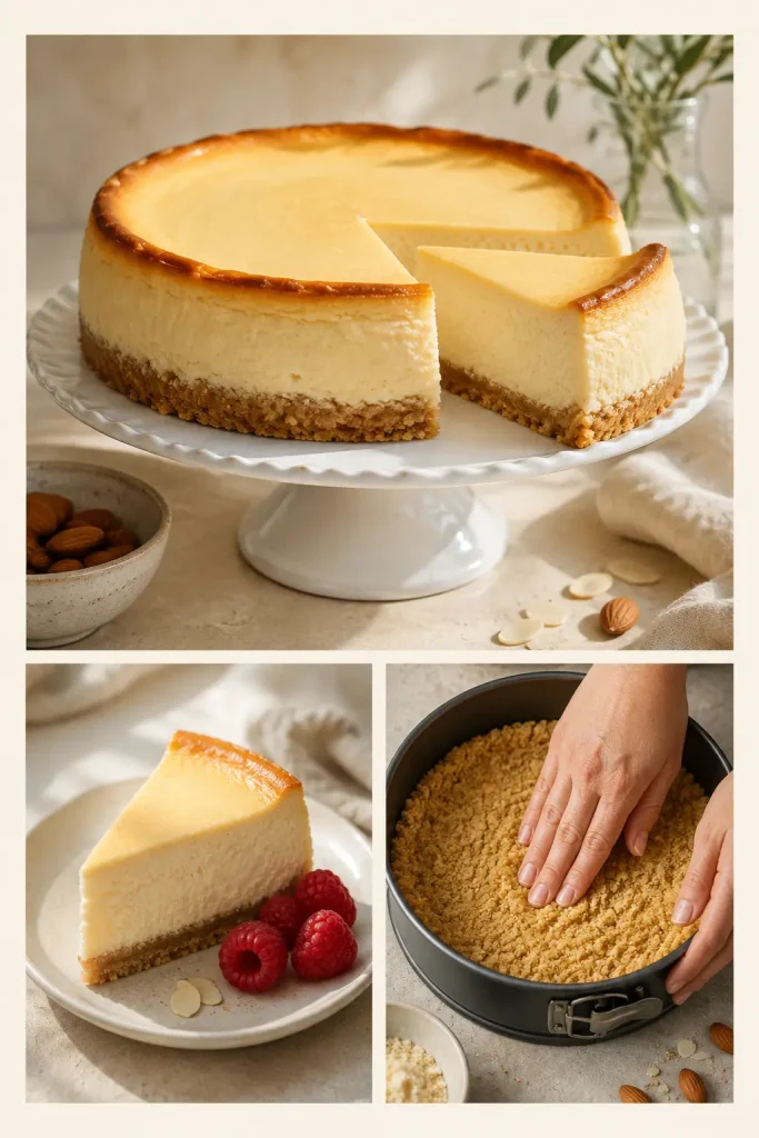 Collage showing a whole keto cheesecake, a single slice with raspberries and the almond flour crust being pressed into a pan