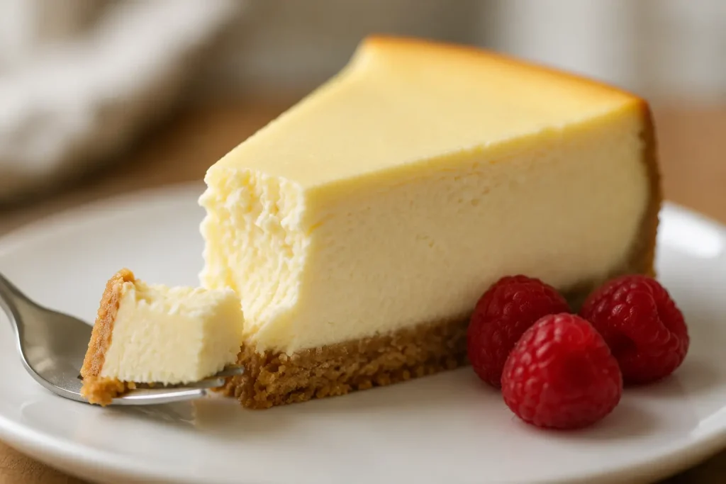 Single slice of keto cheesecake on a white plate showing the dense creamy filling and golden almond flour crust