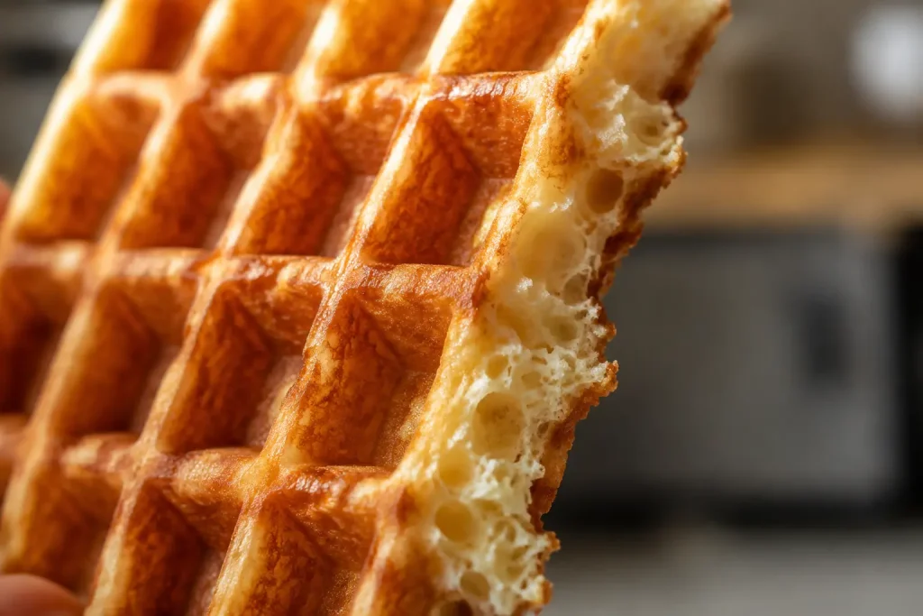 Close up of a keto waffle held upright showing a crisp snapped edge and light airy interior