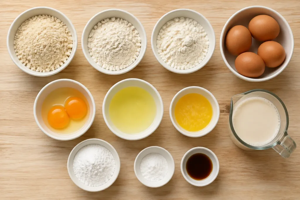 Keto waffle ingredients including almond flour, coconut flour, protein powder, separated eggs, butter and almond milk