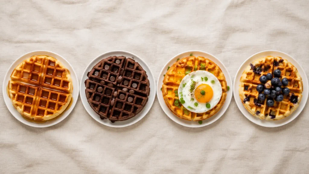 Four keto waffle variations including plain with syrup, chocolate, savory cheddar with a fried egg, and blueberry