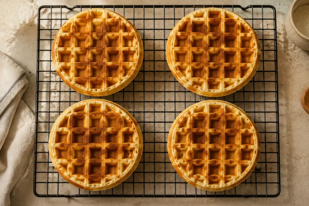 Four keto waffles cooling in a single layer on a wire rack rather than stacked  place under "Cook" or "Storage"