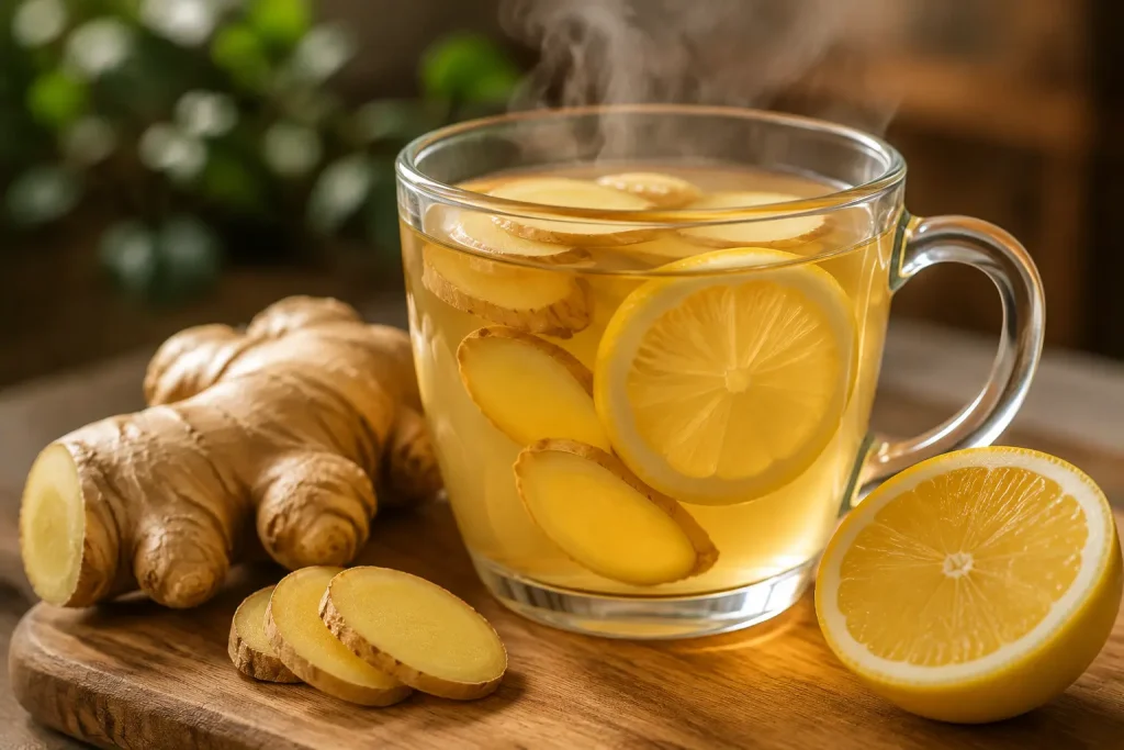 Glass mug of lemon ginger tea with floating ginger slices and steam rising, beside fresh ginger root and lemon