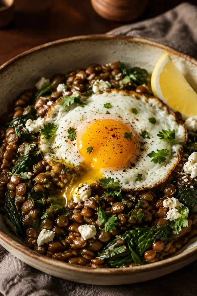Warm lentil and spinach breakfast bowl topped with a fried egg and crumbled feta