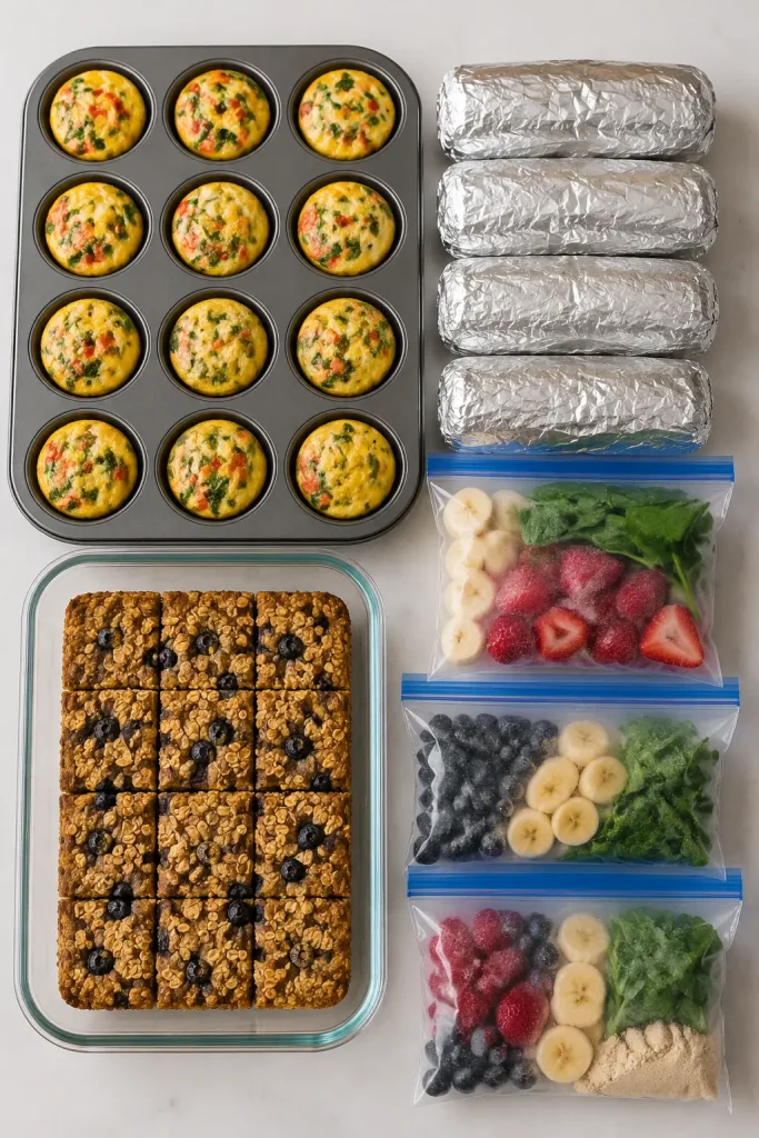 Meal prep breakfast spread with egg muffins in a tin, foil wrapped burritos, baked oatmeal squares and smoothie freezer bags