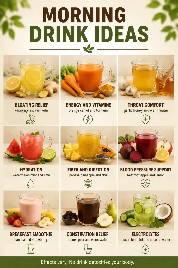 Chart showing nine morning drinks including lemon ginger water, beetroot juice, prune water and cucumber coconut water with their ingredients