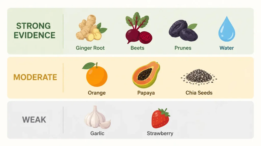 Chart grouping morning drink ingredients by evidence strength with ginger, beets and prunes rated strongest