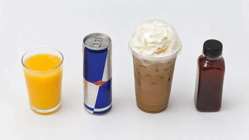 Orange juice, an energy drink, a sweetened iced coffee and a bottled detox tea shown plainly place under "Morning Drinks Worth Skipping