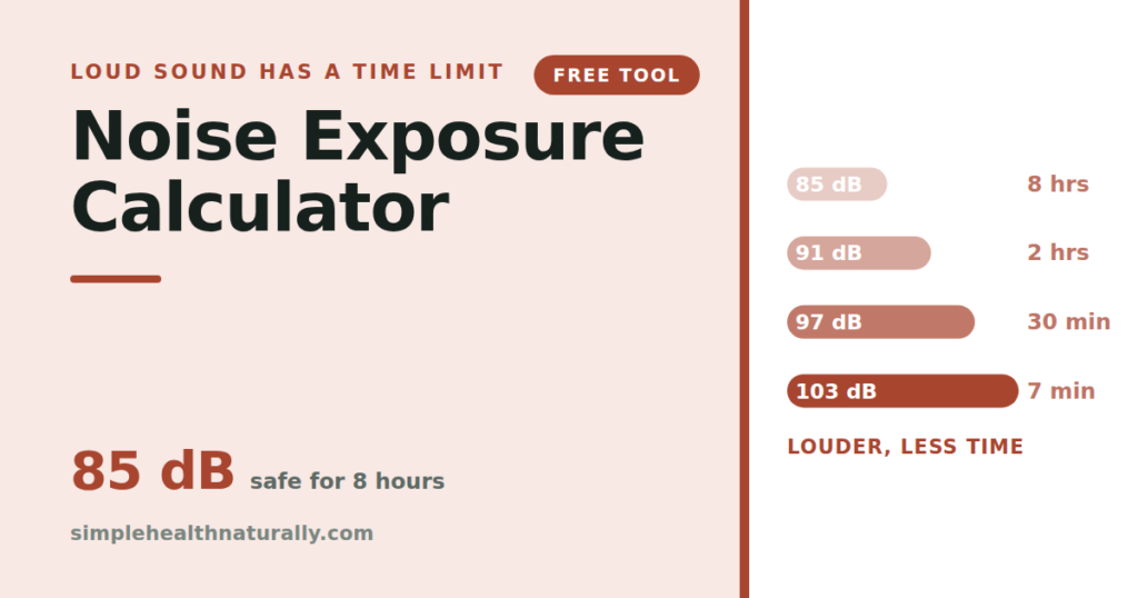 Noise exposure calculator showing how the safe listening time halves every 3 decibels