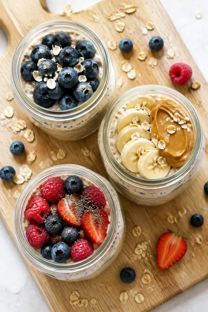 Three glass jars of overnight oats topped with blueberries, banana with peanut butter, and mixed berries
